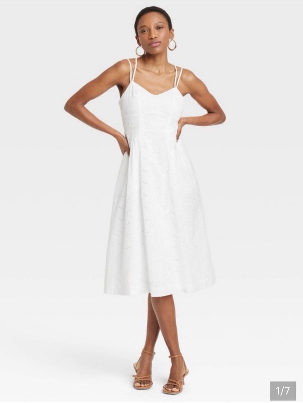 A New Day Eyelet Midi Cotton Sun Dress MED White Smocked